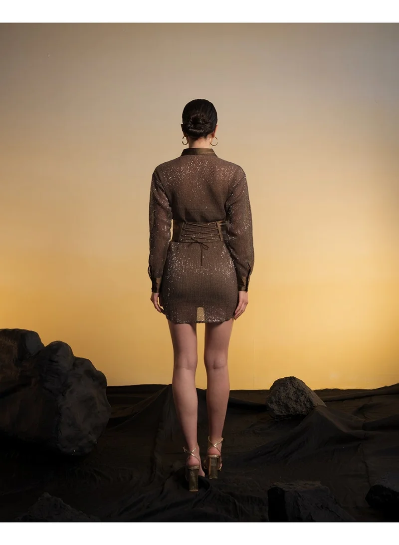 Ohsofly  Women’s Embroidered Shirt Dress with Customized Satin Belt, Sleek Fit and Sophisticated Appeal, High-Quality Finish and Modern Style for Casual Wear and Social Events for Women | Best Price UAE